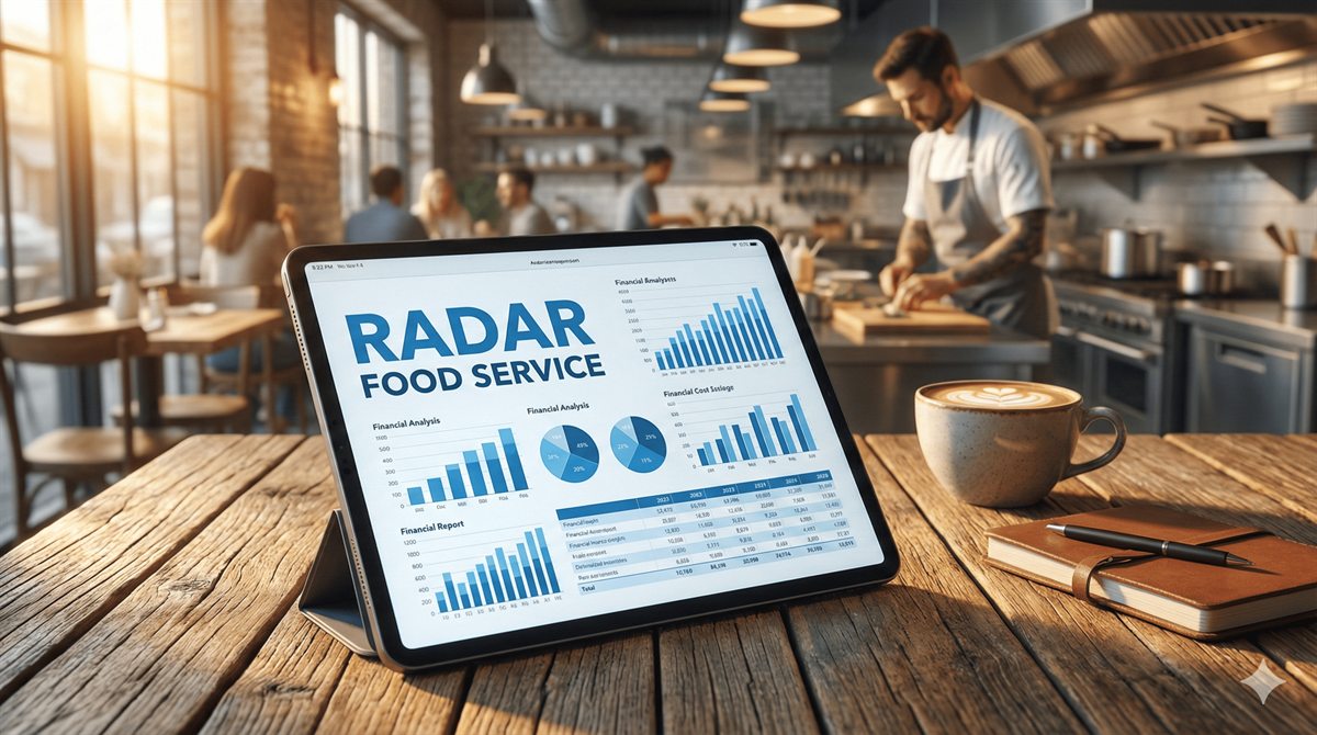 Painel de indicadores de foodservice em um tablet, sobre a mesa de um restaurante