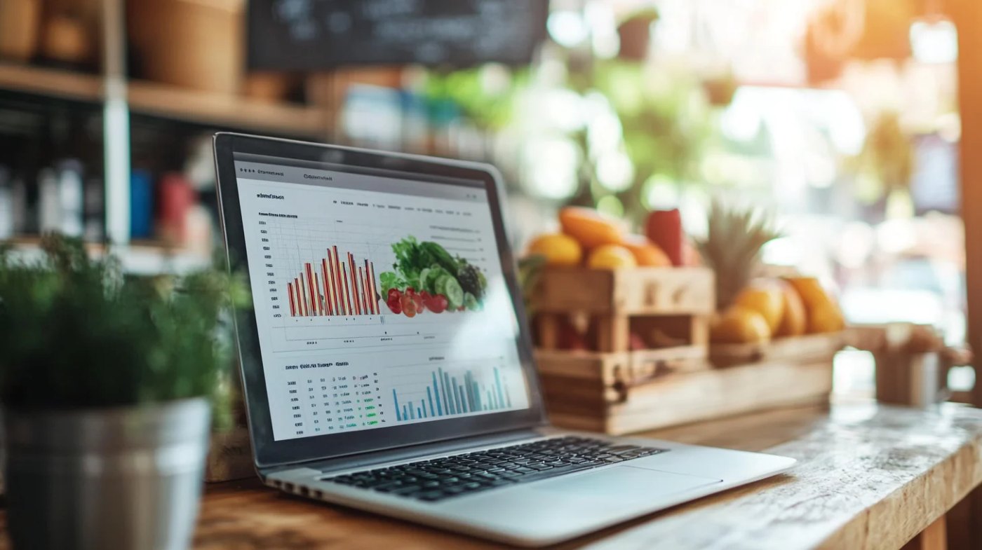 Painel de indicadores de um negocio de alimentacao em um notebook