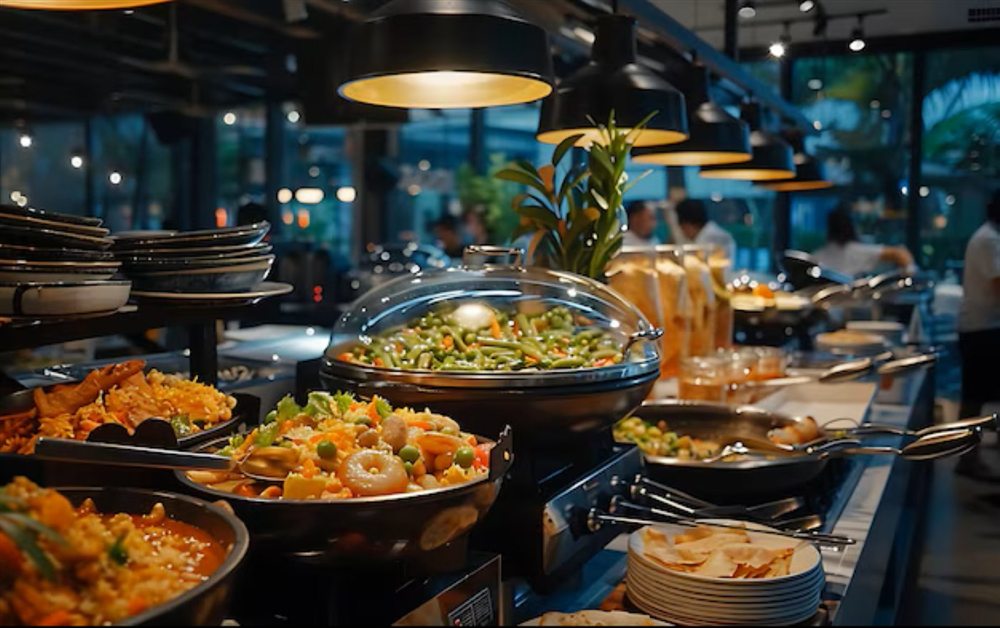 Buffet de foodservice corporativo em operacao